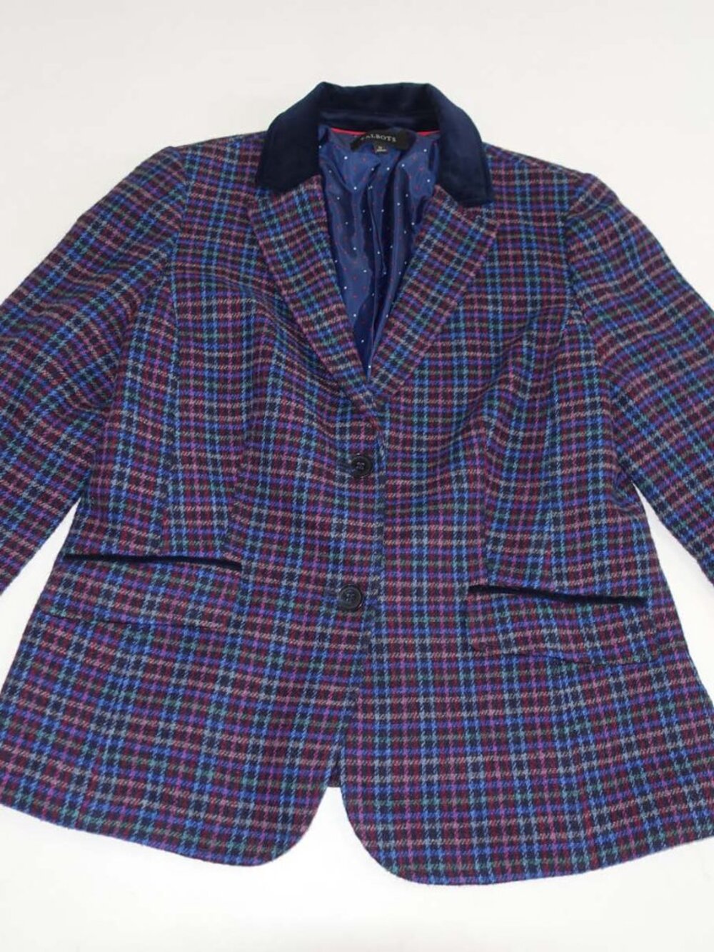 Talbots Women's 2 Button Tweed Blazer Jacket Size 12 Check Pattern Velvet Collar